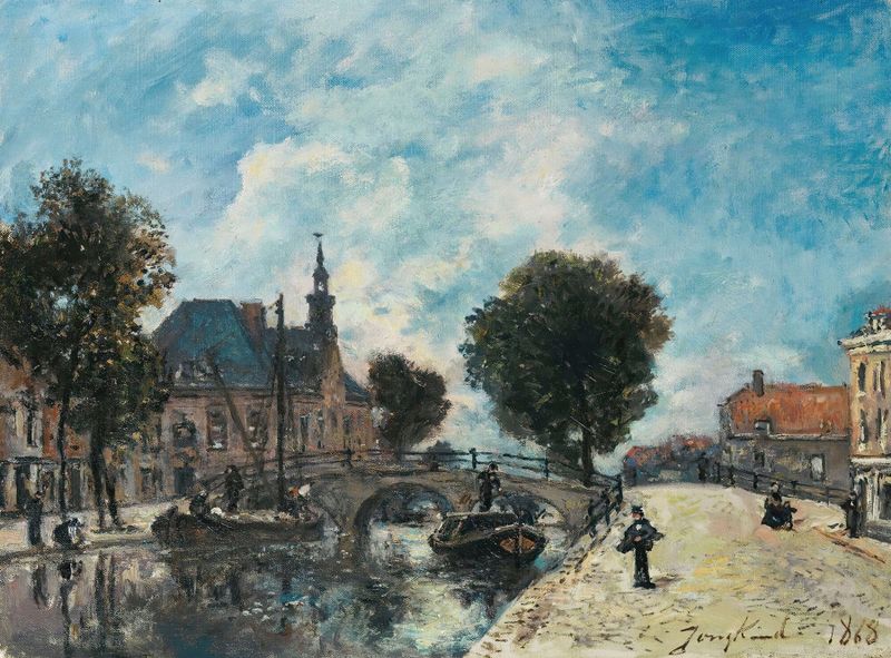 Le Spui À La Haye de Johan Barthold Jongkind, óleo sobre lienzo que muestra barcos en un río