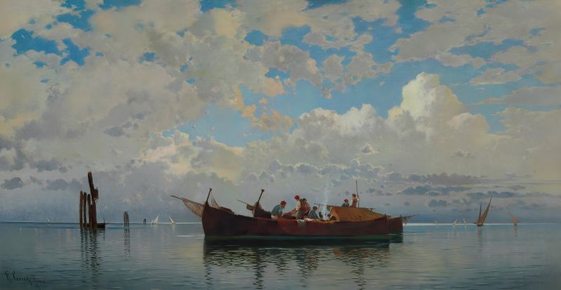 Fishing boats on a Venetian lagoon, oil on canvas by Hermann David Salomon Corrodi