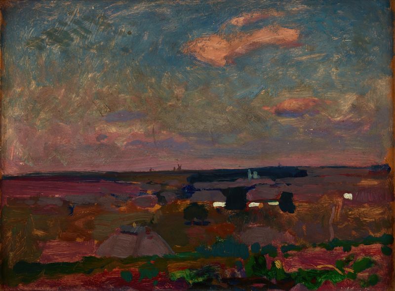 Paisagem de Jan Stanisławski, óleo sobre tela que retrata colinas e vegetação com luz e sombra.