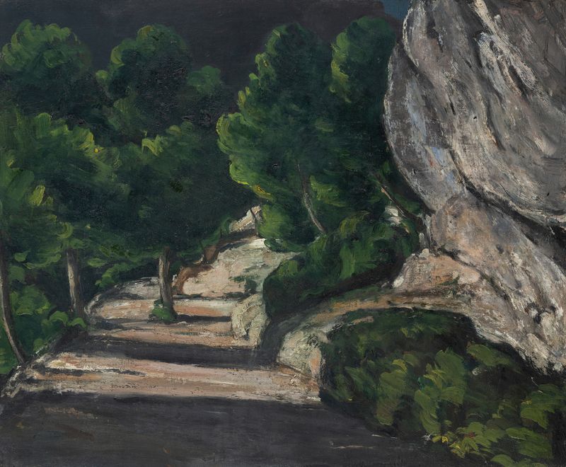 Paisagem de Paul Cézanne, pintura a óleo de uma estrada sinuosa e árvores nas Montanhas Rochosas.