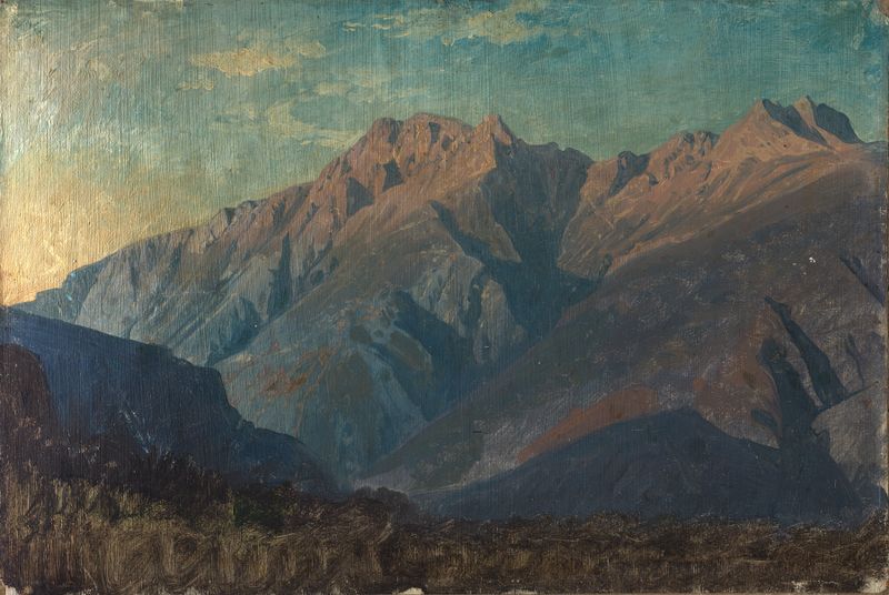 Pintura de paisagem a óleo de Johann Wilhelm Schirmer com montanhas e formações rochosas.