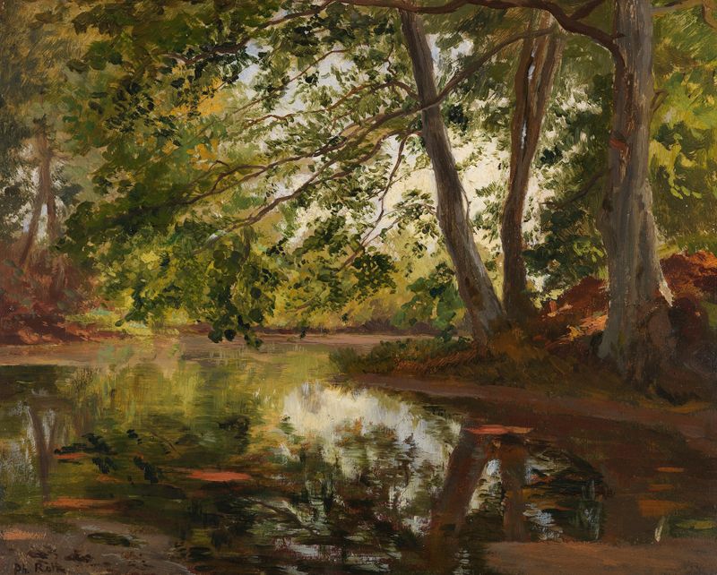 Paisagem de um lago sereno com gramíneas, pintura a óleo de Philipp Röth