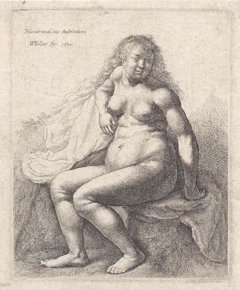 Figura feminina nua sentada em uma plataforma, gravura de Wenceslaus Hollar