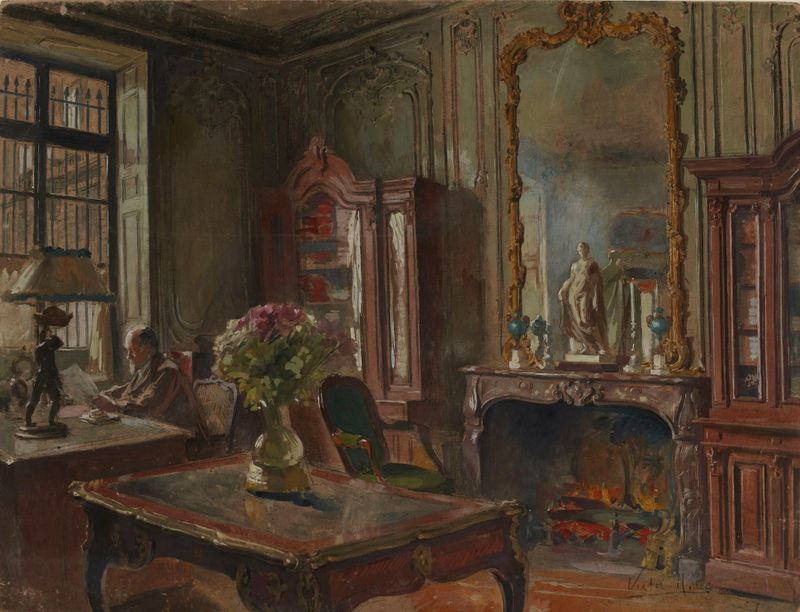 Cena interior com cores vibrantes, pintura a óleo de Victor Marec