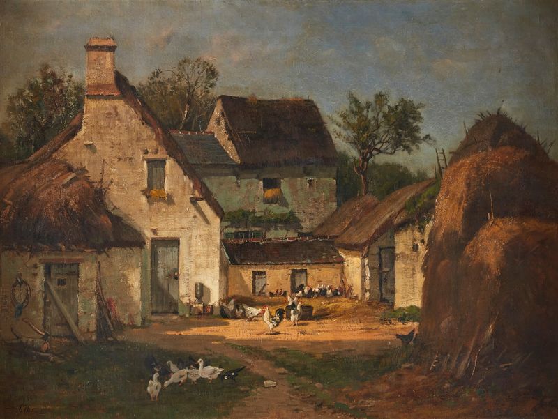 Paisaje Barnyard de François de Blois, pintura al óleo con un granero y árboles.