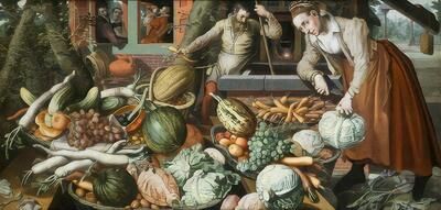 Natureza morta a óleo de Pieter Aertsen com uma luxuosa variedade de alimentos em uma mesa