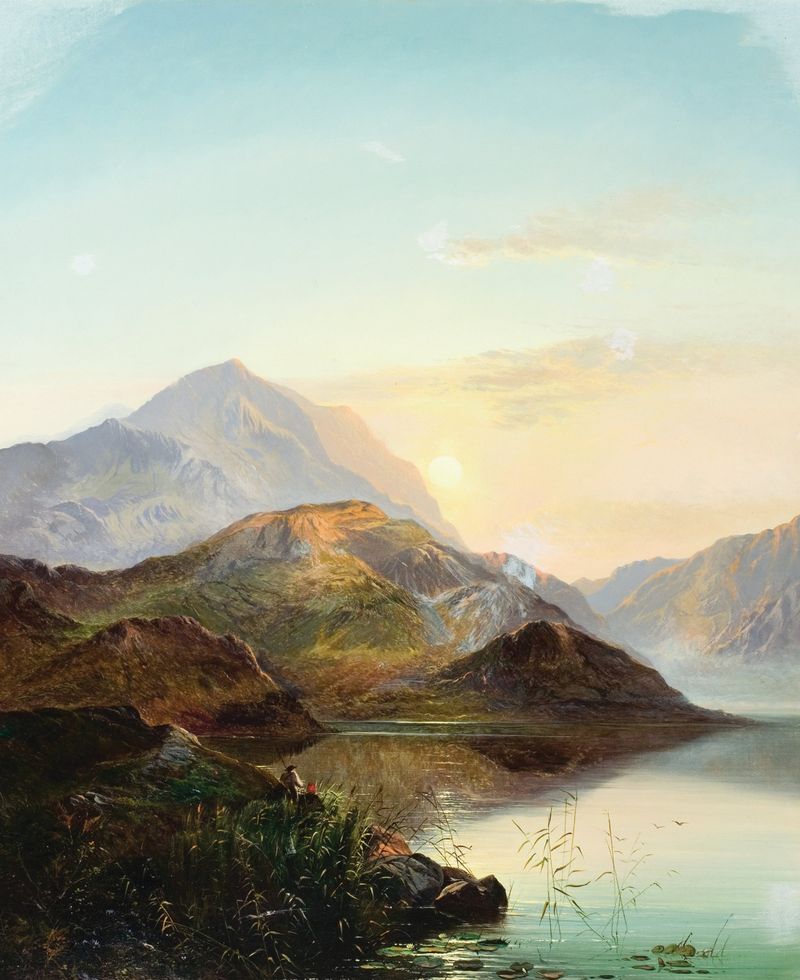 Scottish Loch, Sunset by Charles Robert Leslie, oil painting depicting a tranquil loch at sunset.