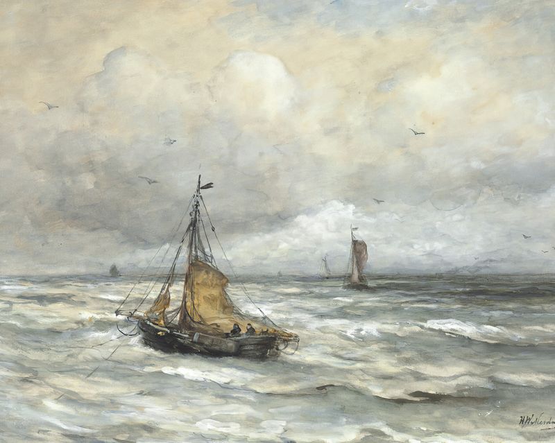 Marine scene with waves and horizon in oil painting by Hendrik Willem Mesdag