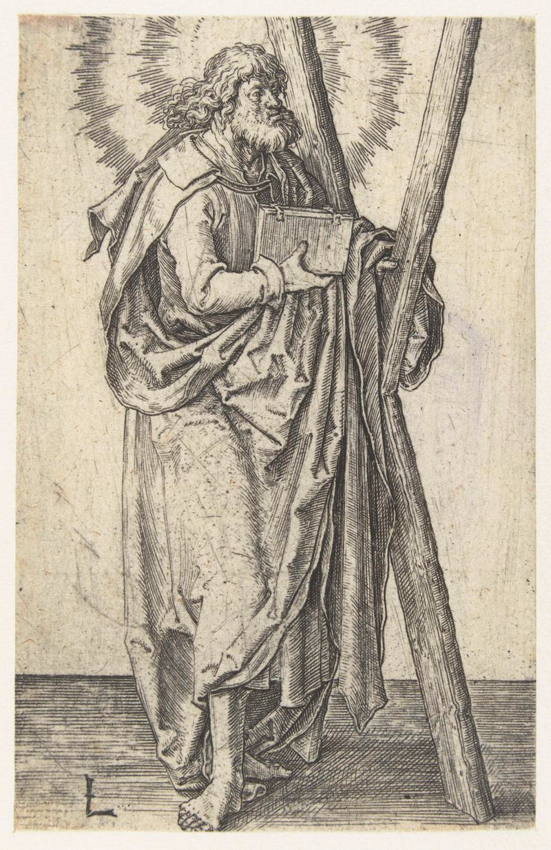 Grabado de San Andrés por Lucas van Leyden, con una expresión solemne y una túnica detallada.