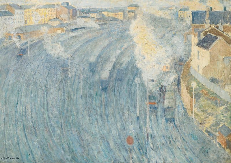 Gare Du Luxembourg Dans La Brume Du Matin, oil painting by Henri Ottmann, depicting a train station in morning mist.