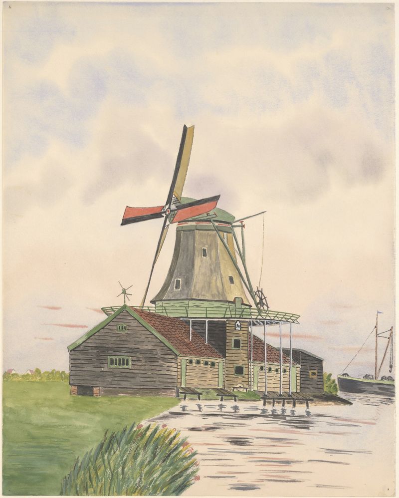 Paisagem com um moinho sob um céu suave, pintura a óleo de Johannes Nicolaas Eijman