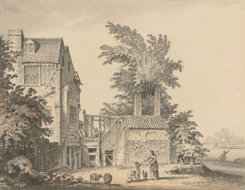 Paisaje con un río y vegetación, pintura al óleo de Samuel Hieronymus Grimm