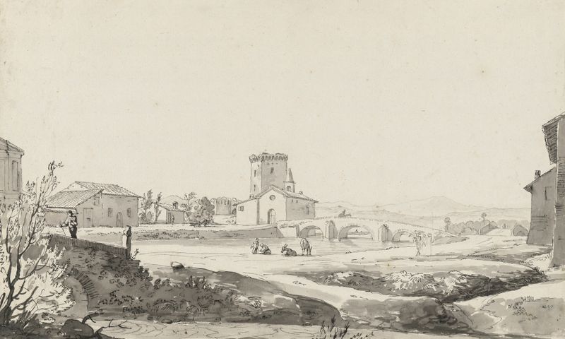 Oil painting by Carlo Labruzzi depicting a village by a river with a bridge and church.