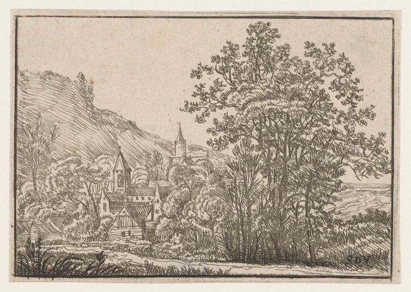 Dorp met twee torens, gravura de Unknown Artist, retratando uma aldeia com duas torres contra um céu suave.