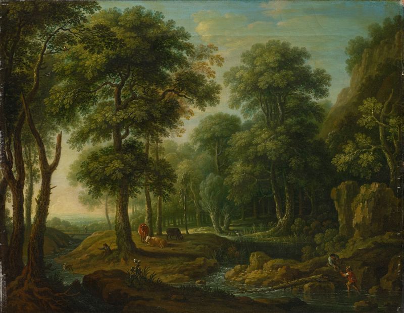 Paisaje forestal en óleo de Philipp Hieronymus Brinckmann con verdes exuberantes y tonos terrosos.