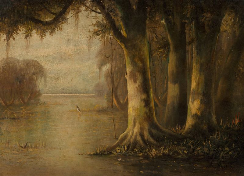 Near the Tombigbee River, oil on canvas by Joseph Rusling Meeker, depicting a tranquil river landscape.