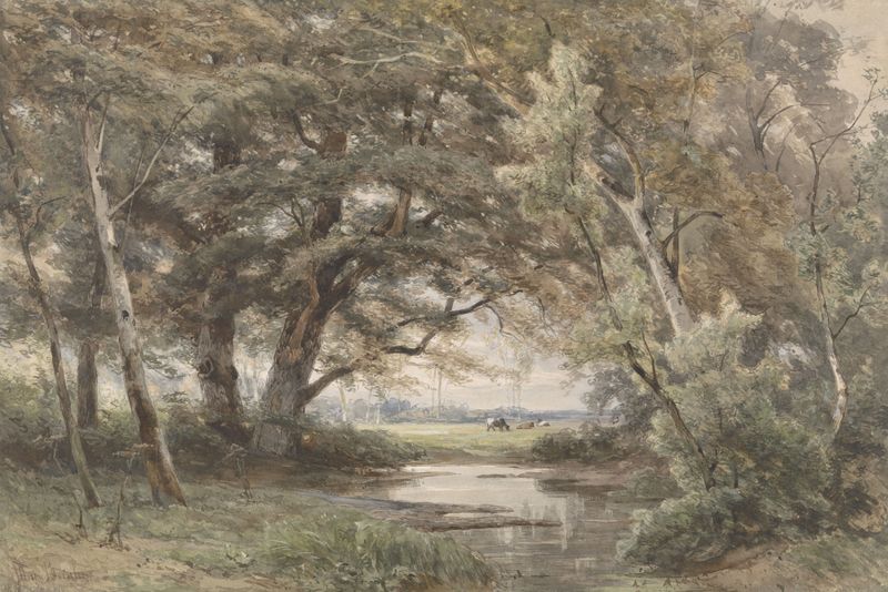 Landscape with a stream and trees, oil painting by Jan Willem van Borselen