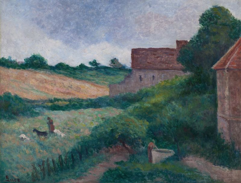 Rolleboise, Les Fermes, óleo sobre tela de Maximilien Luce retratando uma paisagem rural com uma fazenda e um poço.