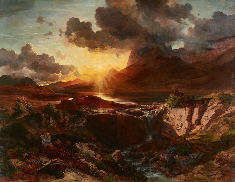 Sonnenuntergang am Hintersee, oil on canvas by Albert Zimmermann depicting a sunset over a tranquil lake.