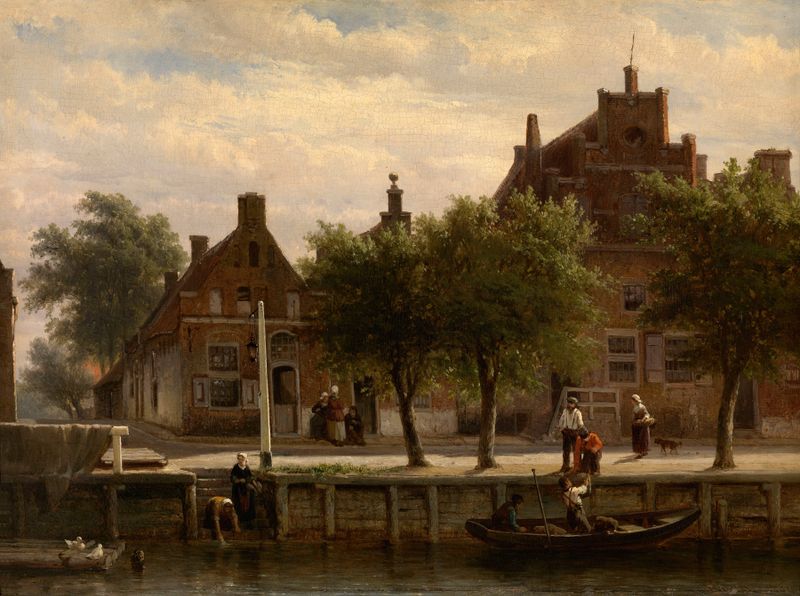 A View of the Harbour of Hasselt, Overijssel by Cornelis Springer, oil on canvas depicting a tranquil landscape.