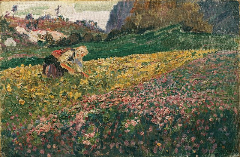 Pintura figurativa al óleo de Carl Moll con una niña entre flores