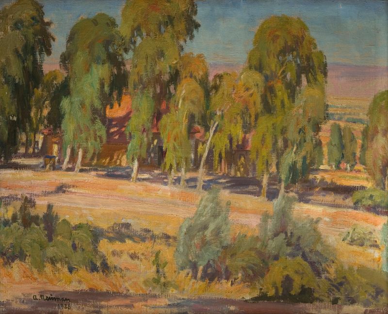 Eukaliptusy w Górnej Galilei by Abraham Neuman, oil on canvas depicting eucalyptus trees in a serene landscape