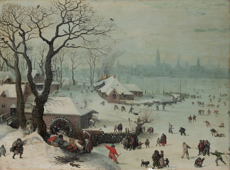 Winter landscape with snowfall near Antwerp, oil on panel by Lucas van Valckenborch