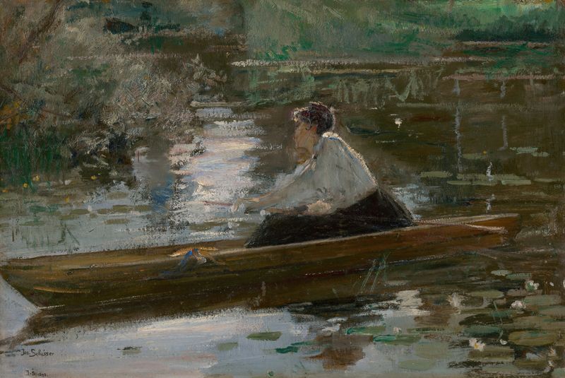 Retrato de uma dama em um barco, pintura a óleo de Josef Schusser