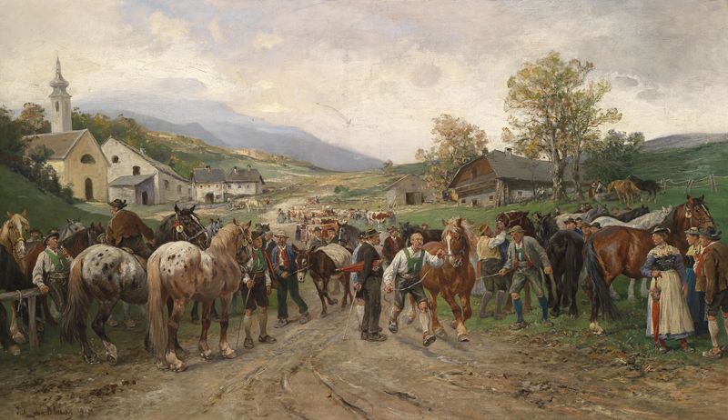 Genre scene depicting a horse market by Julius von Blaas, oil painting