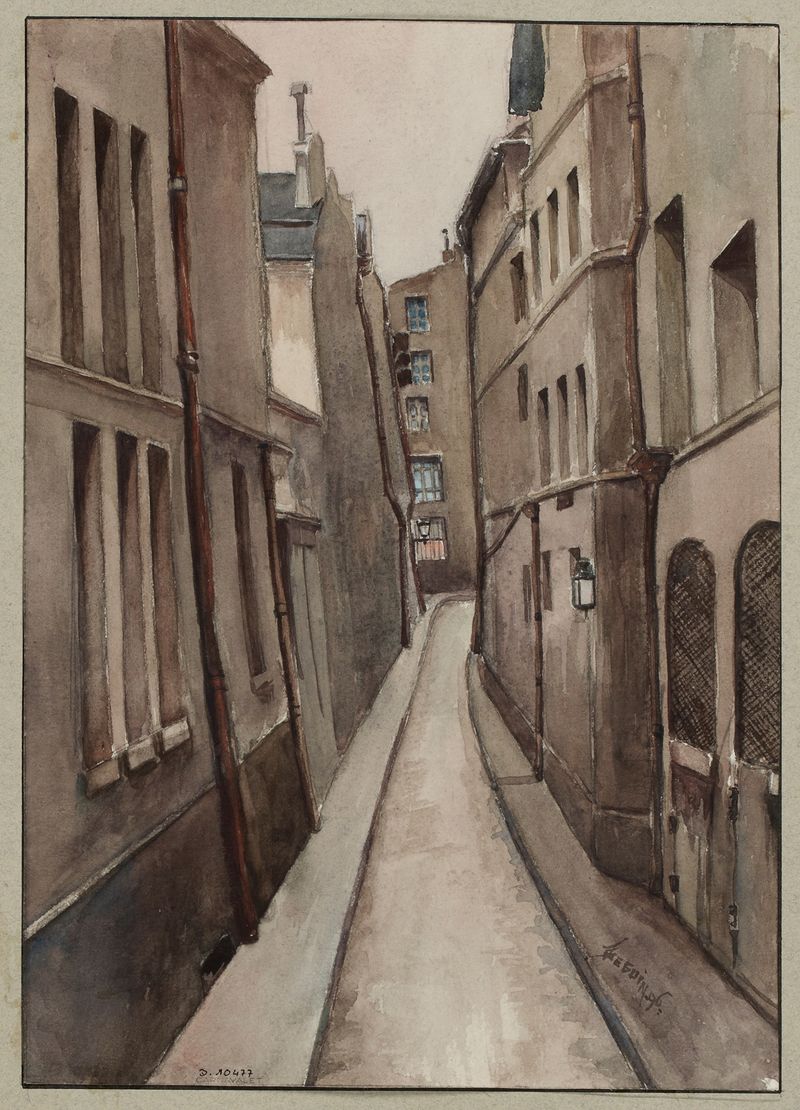 Oil on canvas by F. Séguin depicting urban architecture and cobblestone street.