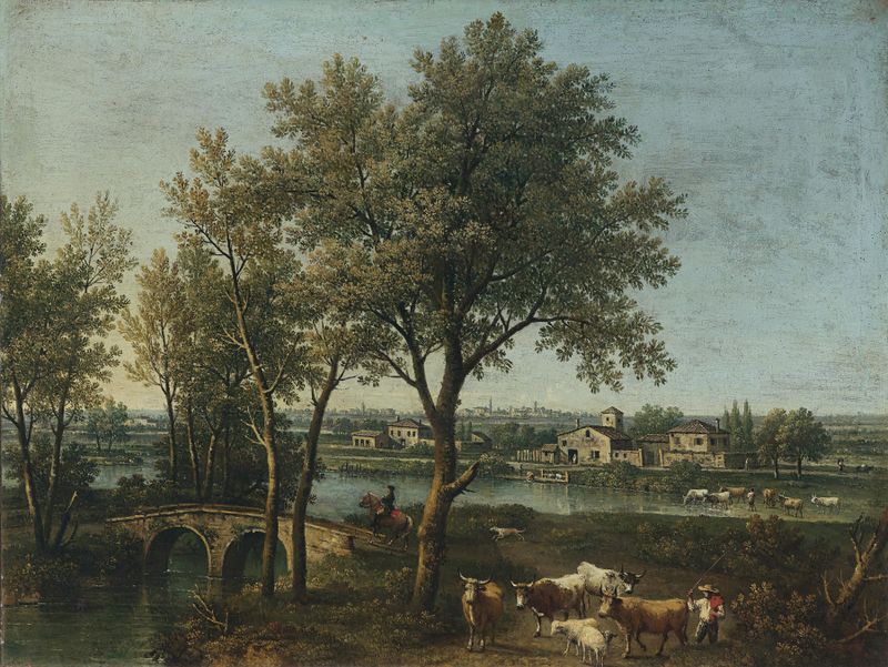 Rococo landscape with a shepherd and flock by Giovanni Battista Cimaroli