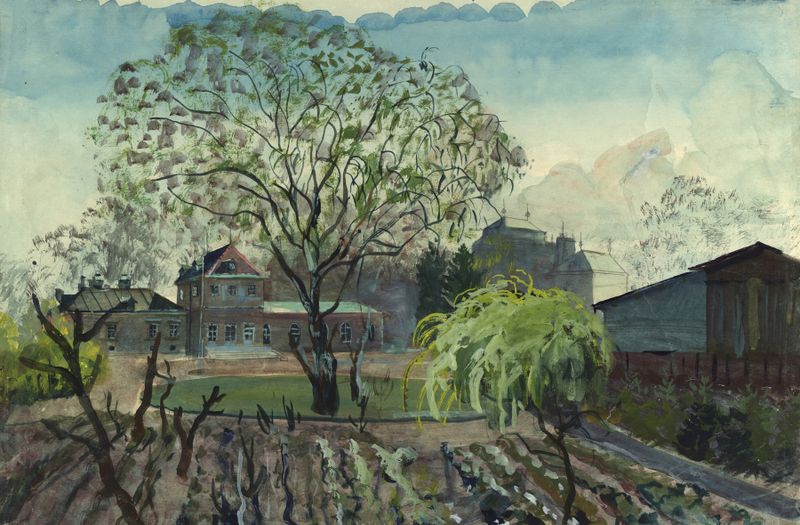 Bodegón de verduras en un jardín, óleo sobre lienzo de Oskar Laske
