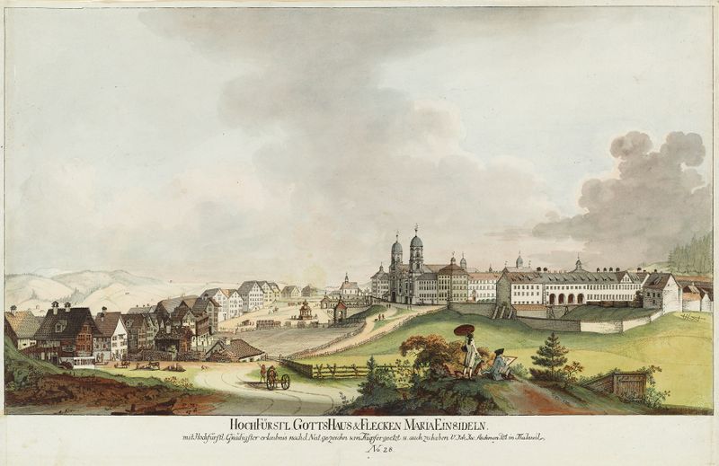 HochFürstl. GottsHaus & Flecken Maria Einsideln, oil on canvas by Johann Jakob Aschmann