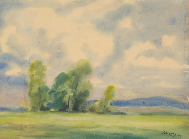 Paisagem pós-impressionista de Zolo Palugyay, com vegetação vibrante e um horizonte suave.