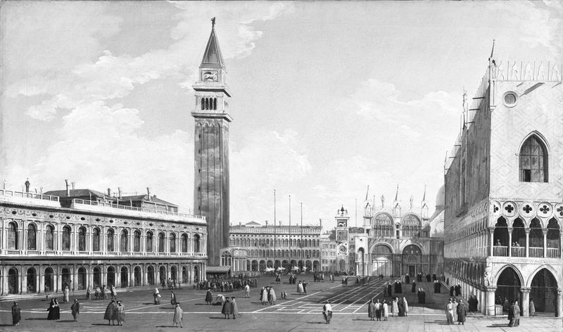 A Piazzetta, Veneza de Giovanni Antonio Canal, óleo sobre tela retratando arquitetura e figuras em luz suave.
