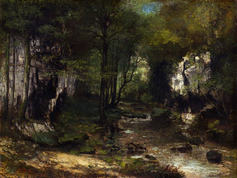 El Arroyo de Gustave Courbet, pintura al óleo de un arroyo y follaje exuberante.