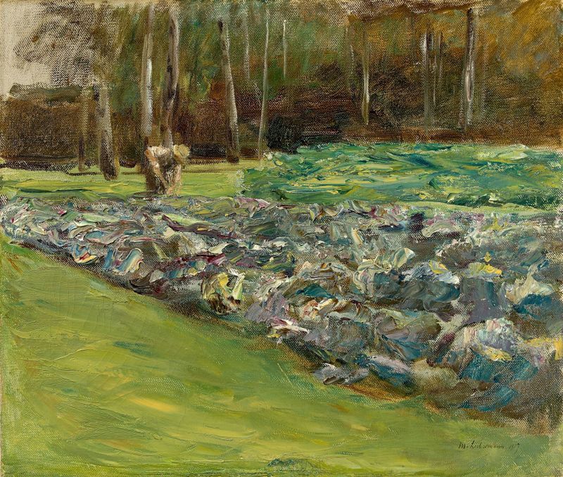 Paisaje con una figura en un campo de repollos, óleo sobre lienzo de Max Liebermann