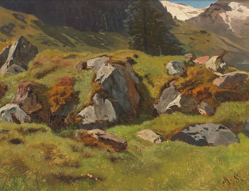Oil on canvas by Anton Schrödl depicting rocky formations illuminated by soft light.