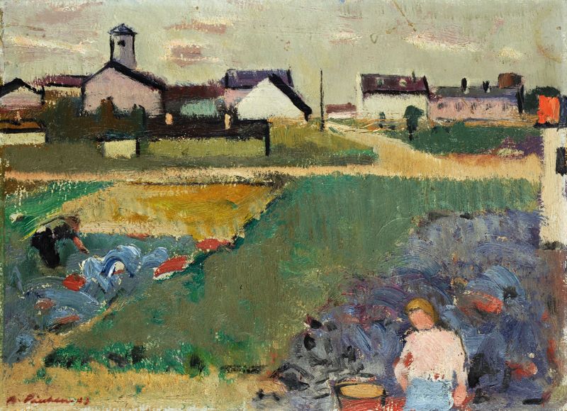 Campo de repolhos com uma vila ao fundo, óleo sobre tela de Arnold Fiechter