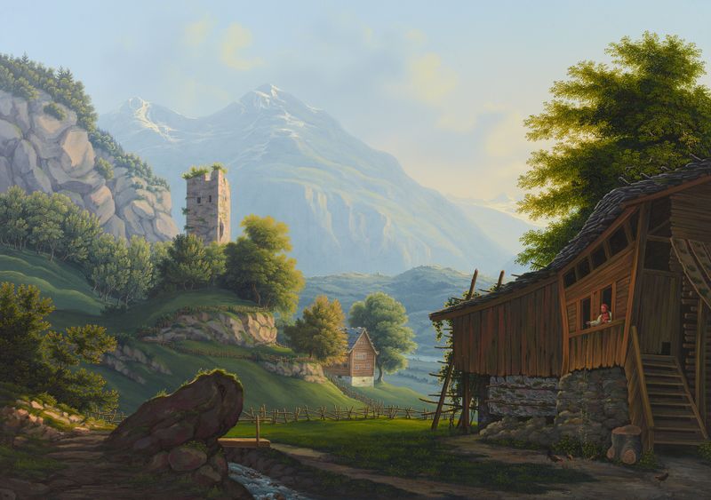Paisaje con un castillo y un valle, óleo sobre lienzo de Johann Heinrich Bleuler the Younger