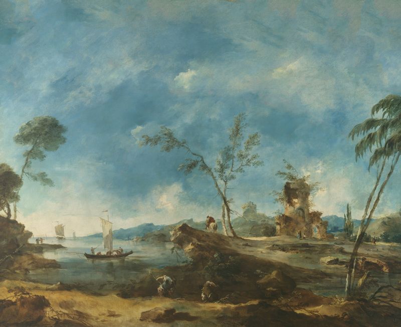 Pintura rococó de Francesco Guardi retratando uma paisagem com nuvens e cores vibrantes.