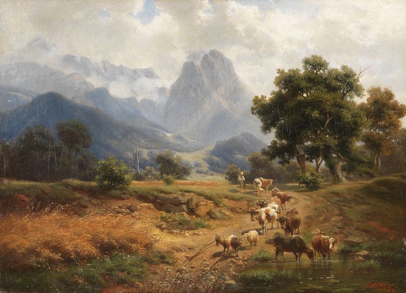 Hirtenjunge mit Vieh bei Partenkirchen, oil on canvas by Heinrich Höfer