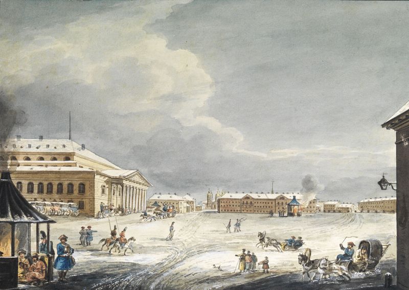 Teatro em Theaterplatz St Petersburg de Karl Kollmann, cena de gênero, 1820