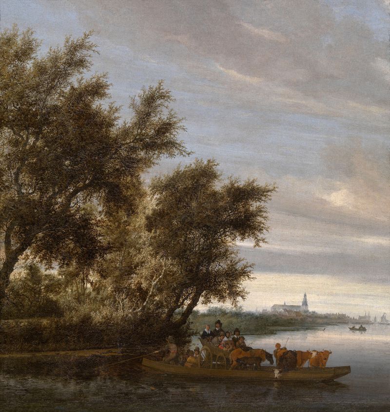 The Ferry de Salomon van Ruysdael, óleo sobre lienzo que representa una escena fluvial con figuras y reflejos