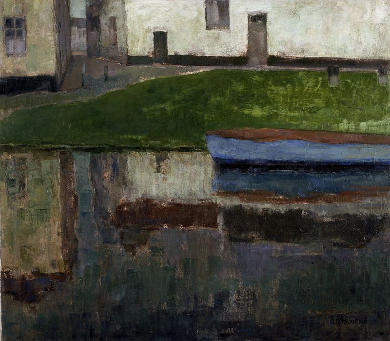 Blue Barge on the River Scheldt, oil on canvas by Carolus Tremerie