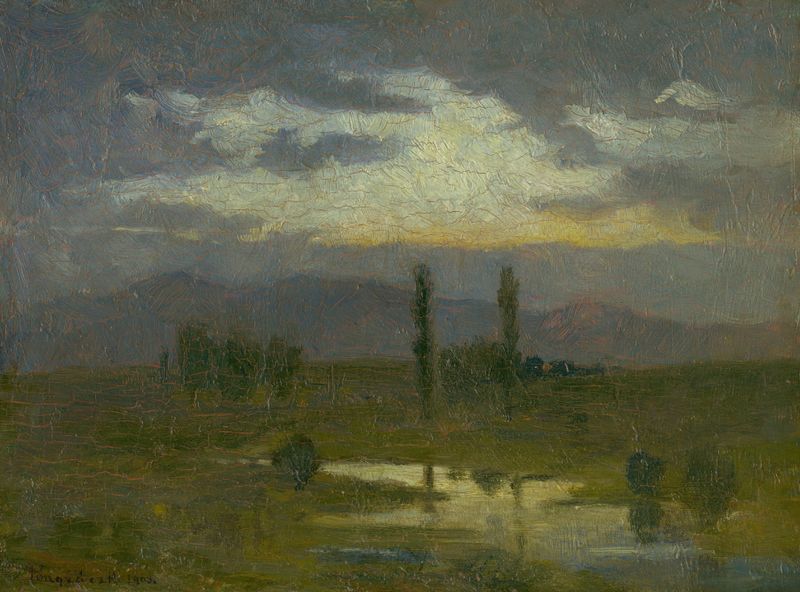 Dusk by Karol Pongrácz, oil on canvas depicting a landscape at twilight.
