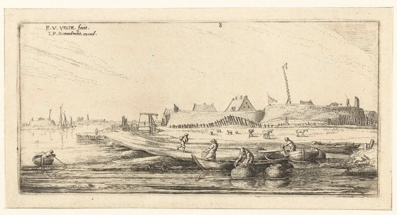 Roeiboten met vissers voor een fort aan de Schelde, etching by Esaias van de Velde