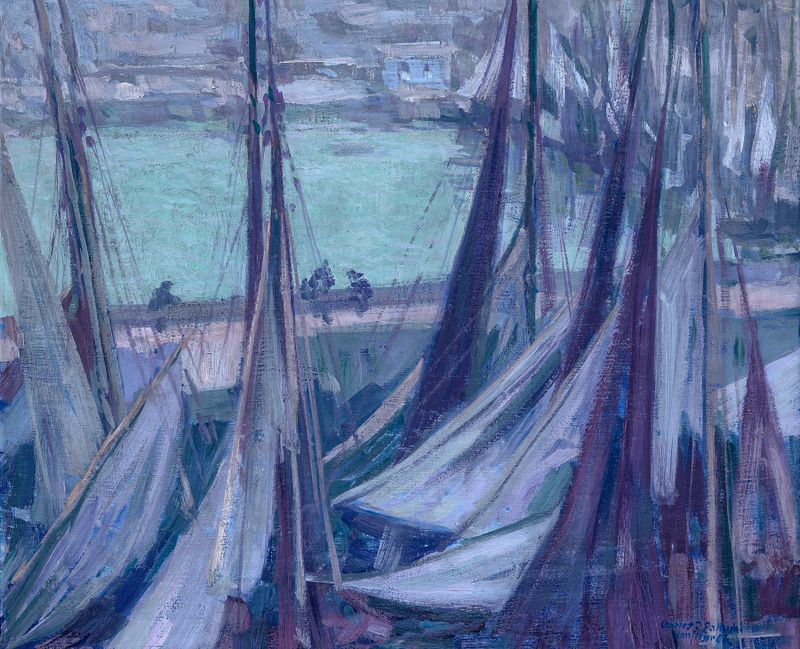 Cena marinha ao crepúsculo com barcos no porto, pintura a óleo de Charles Johann Palmié
