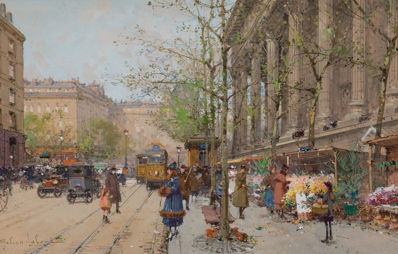 Oil on canvas by Eugène Galien-Laloue depicting a flower market scene