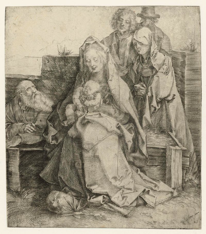 De Heilige Familie met Johannes de Evangelist de Albrecht Dürer, punta seca que representa una escena religiosa